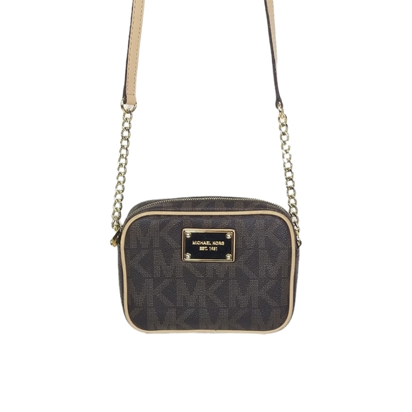 Michael Kors Jet Set Monogram Crossbody Bag Gold Logo Plate & Chain - Picture 3 of 15